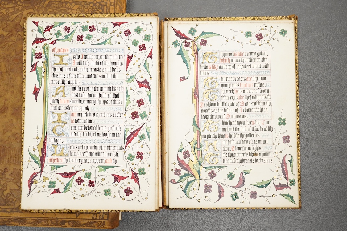 Two early 20th century stamped leather books with illuminated pages, calligraphy and floral designs